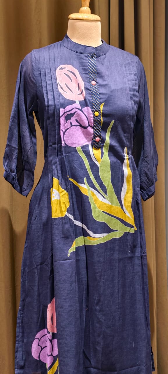 Elegant Navy Blue Mul Cotton Kurta Pant Set with Artistic Floral Print & Pleated Detailing-14485 RB192