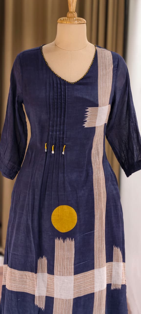 Elegant Navy Blue Mul Cotton Kurta Pant Set with Contemporary Abstract Print-14144 RB193