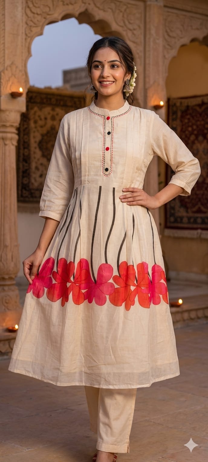 Pleated Peplum Style Beautiful Floral Printed Mul Cotton Summer Friendly Kurta Pant Set-14145 RB196