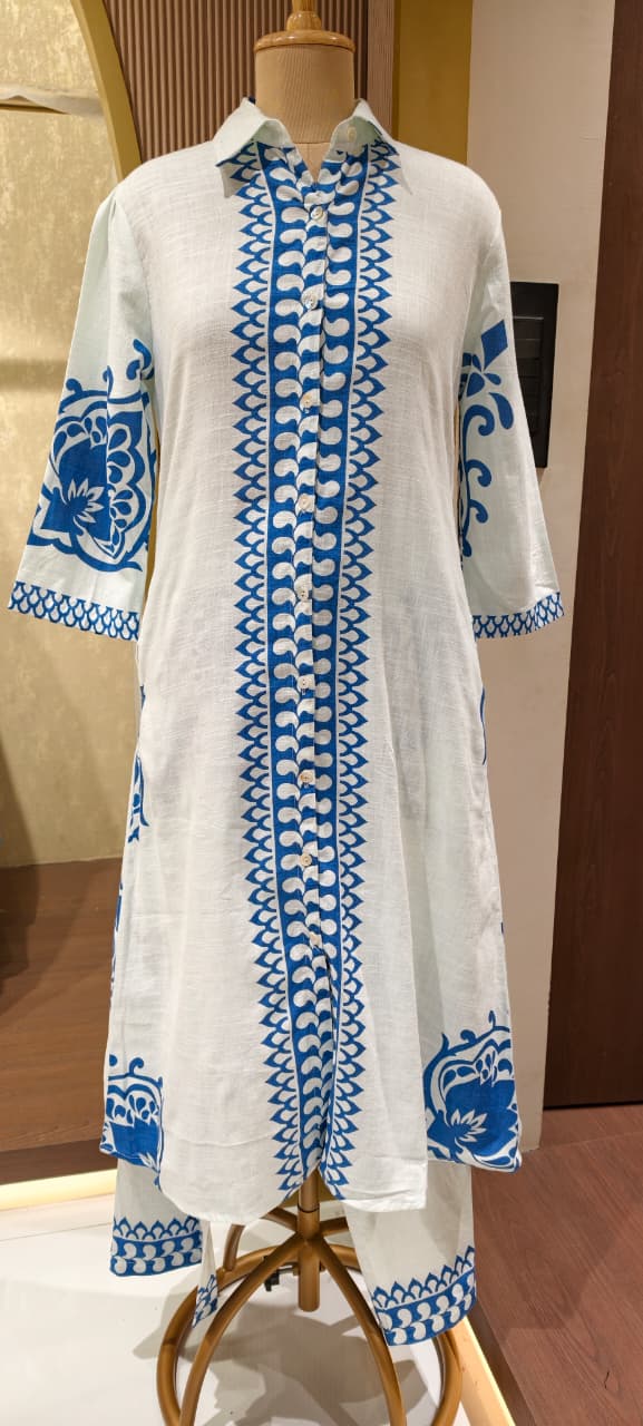 Linear Patterned Motif Summer Wear Collared Long Length Kurta Pant Set In Cotton Fabric-14272 RB190