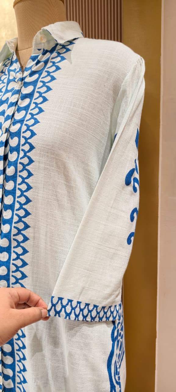 Linear Patterned Motif Summer Wear Collared Long Length Kurta Pant Set In Cotton Fabric-14272 RB190