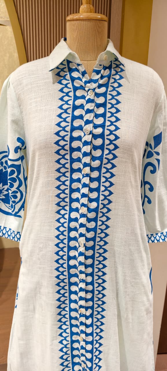 Linear Patterned Motif Summer Wear Collared Long Length Kurta Pant Set In Cotton Fabric-14272 RB190