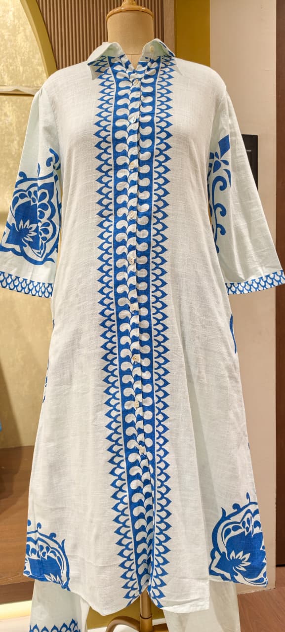 Linear Patterned Motif Summer Wear Collared Long Length Kurta Pant Set In Cotton Fabric-14272 RB190