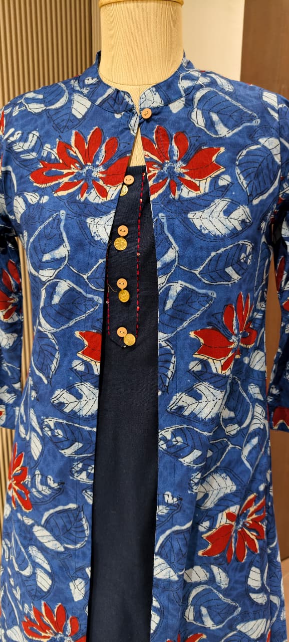 Stylish Blue Cotton Kurta Pant with Attached Printed Overlay Panel & Floral Leaf Motif-14269 RB194