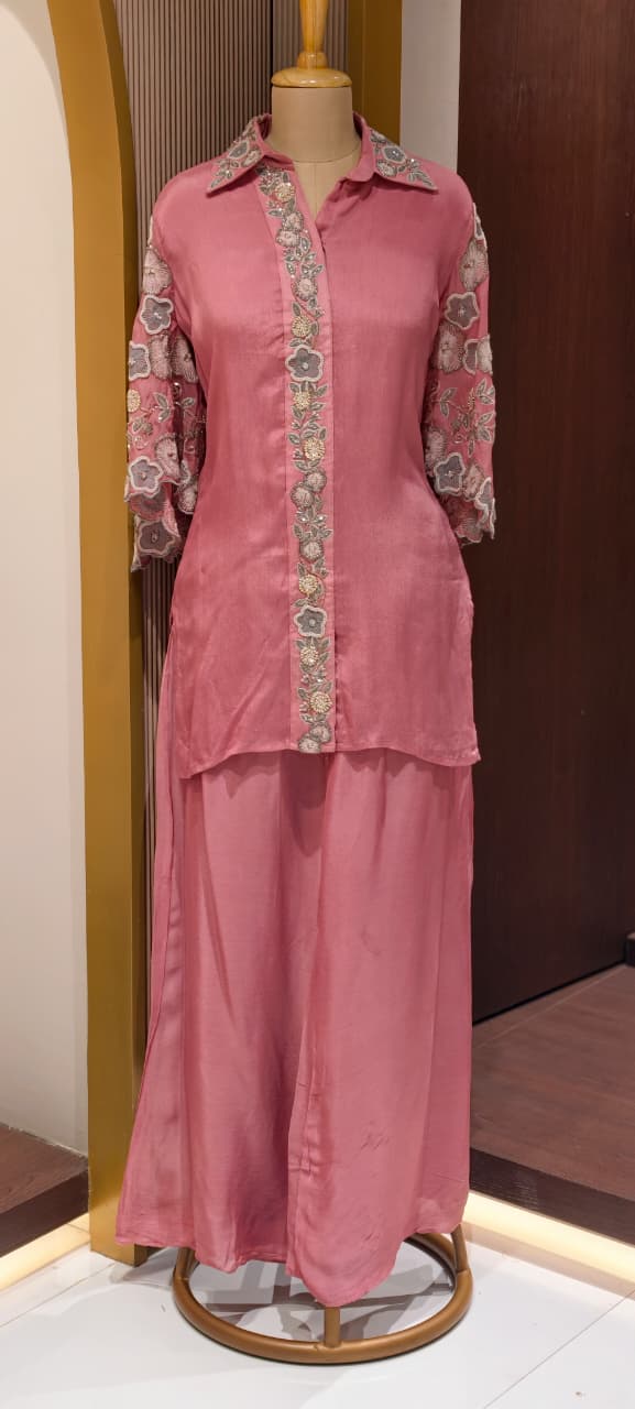 Designer Floral Cut Work Heavy Hand Embroidered Pastel Shade Chinon Co-Ord Set-14247(Loose Fit) RB277