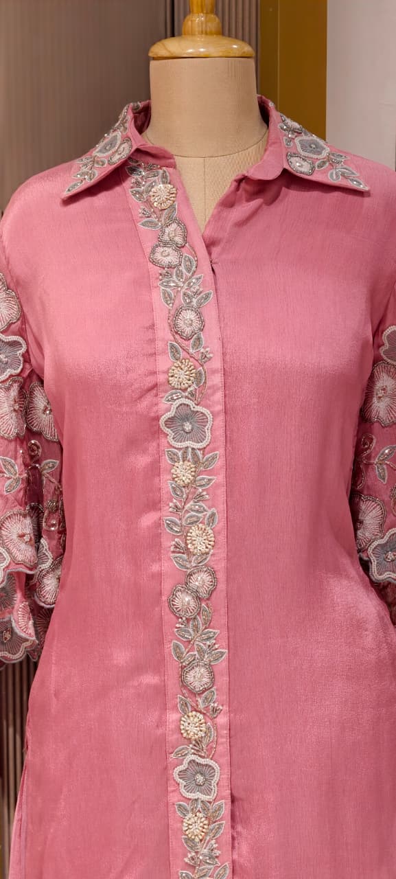 Designer Floral Cut Work Heavy Hand Embroidered Pastel Shade Chinon Co-Ord Set-14247(Loose Fit) RB277