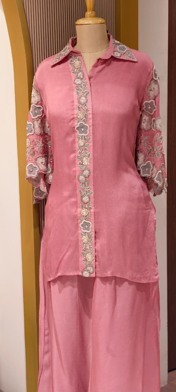 Designer Floral Cut Work Heavy Hand Embroidered Pastel Shade Chinon Co-Ord Set-14247(Loose Fit) RB277