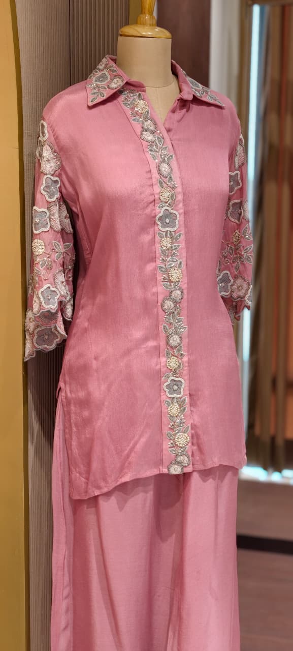 Designer Floral Cut Work Heavy Hand Embroidered Pastel Shade Chinon Co-Ord Set-14247(Loose Fit) RB277