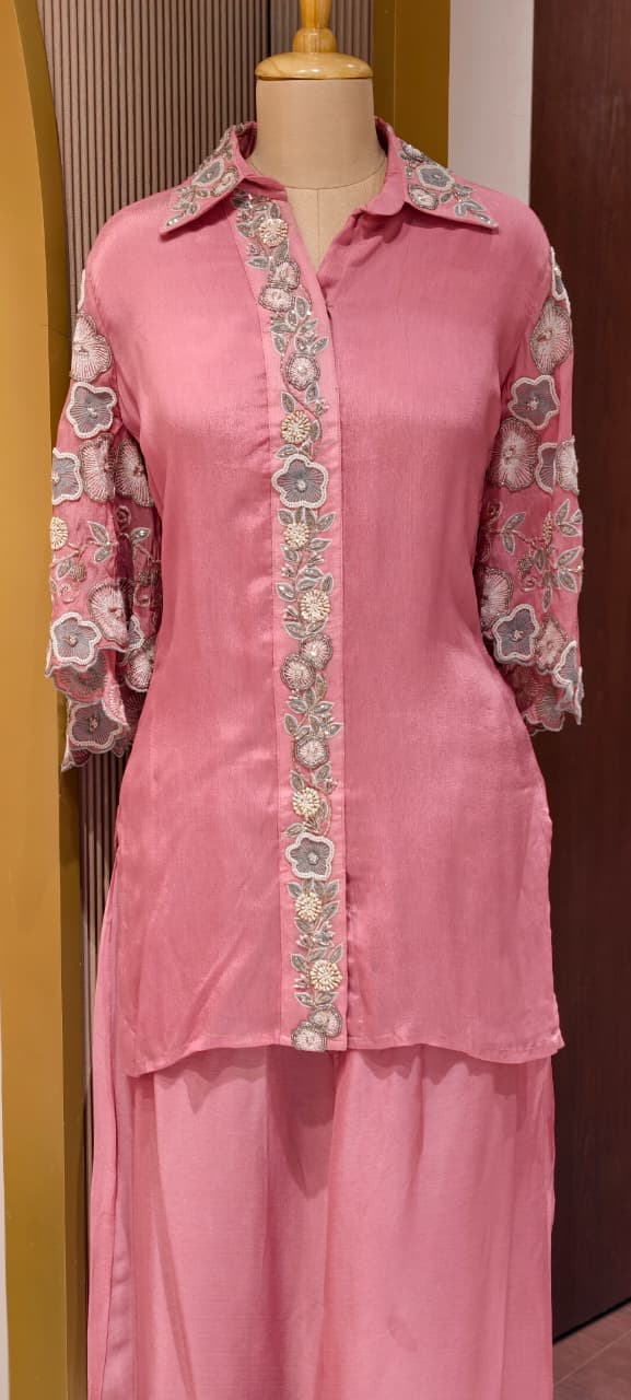 Designer Floral Cut Work Heavy Hand Embroidered Pastel Shade Chinon Co-Ord Set-14247(Loose Fit) RB277