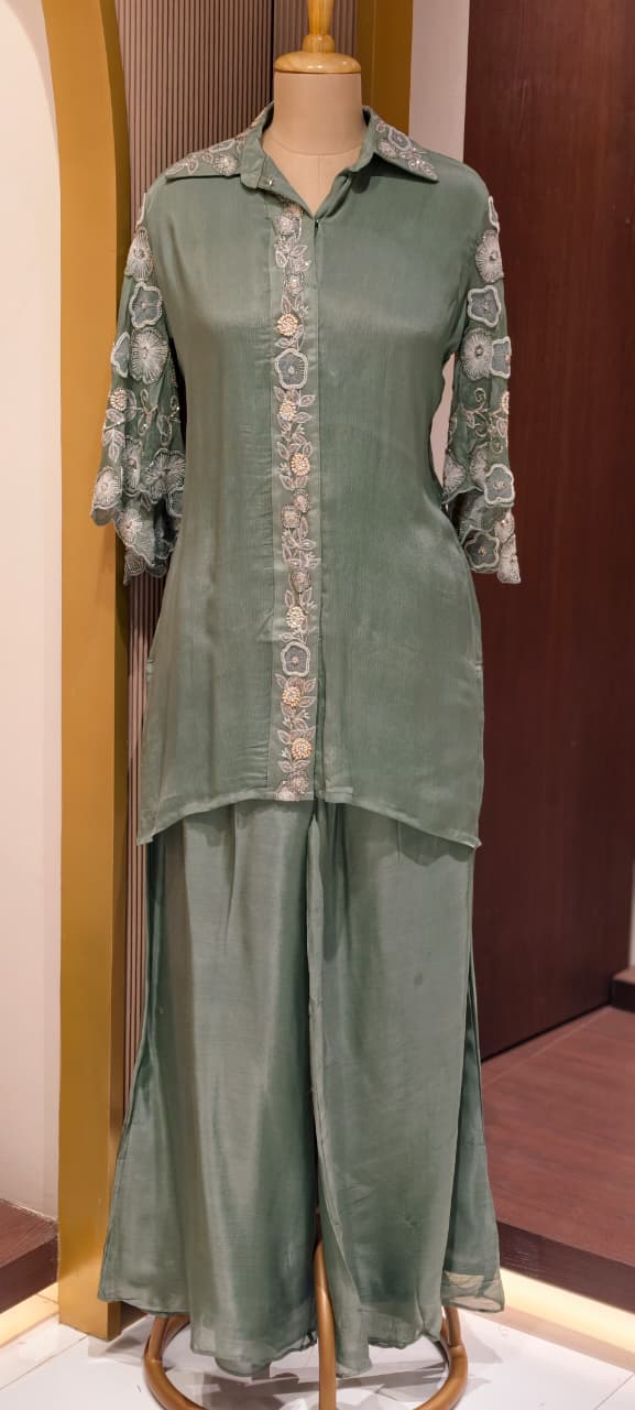 Designer Floral Cut Work Heavy Hand Embroidered Pastel Shade Chinon Co-Ord Set-14247(Loose Fit) RB277