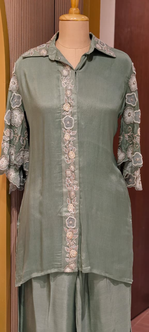Designer Floral Cut Work Heavy Hand Embroidered Pastel Shade Chinon Co-Ord Set-14247(Loose Fit) RB277