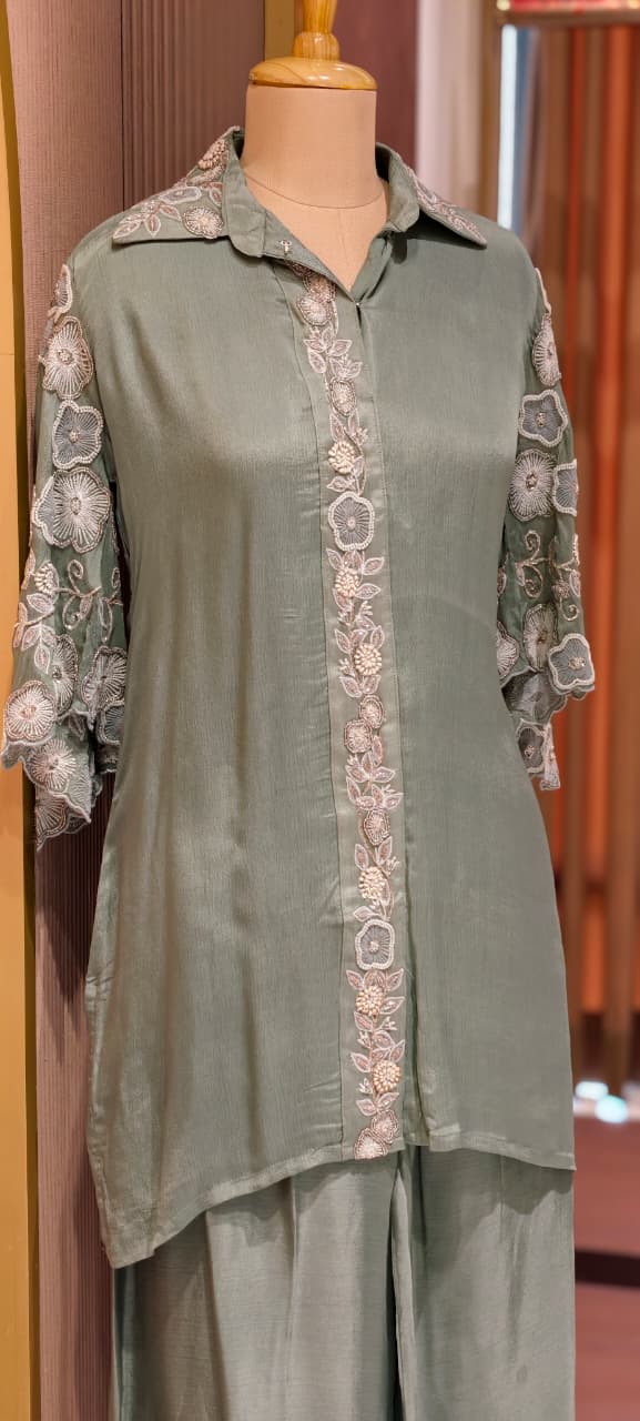 Designer Floral Cut Work Heavy Hand Embroidered Pastel Shade Chinon Co-Ord Set-14247(Loose Fit) RB277