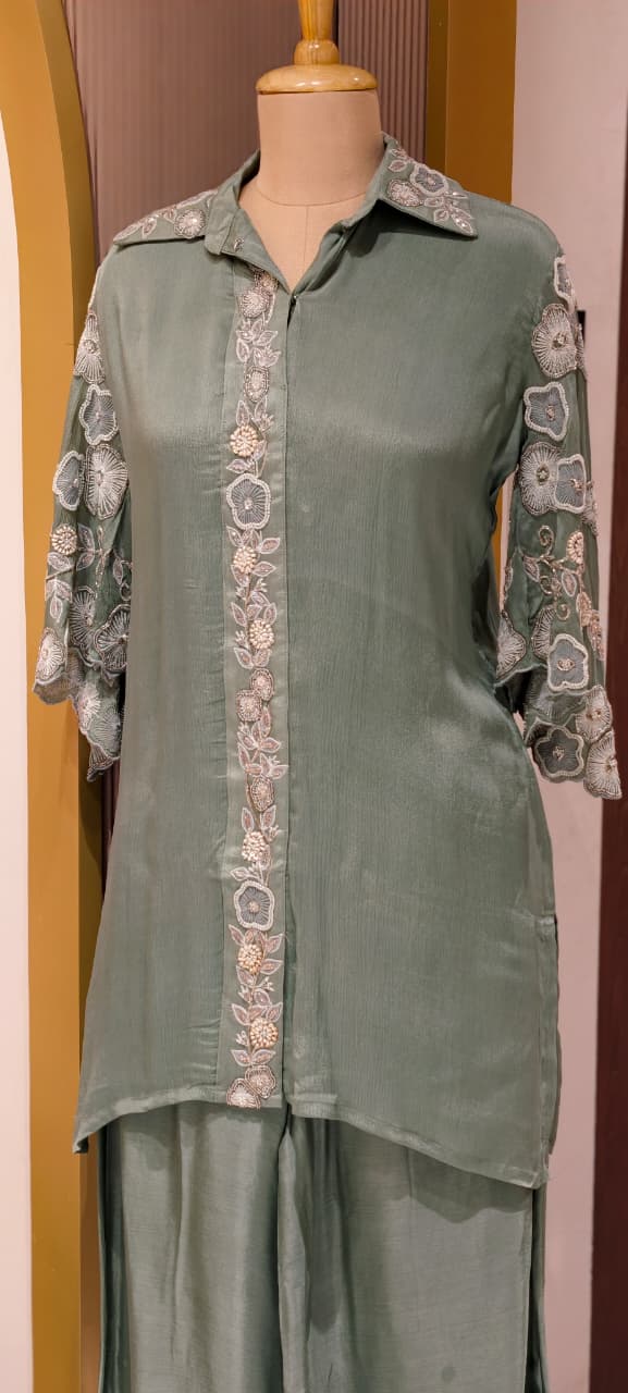 Designer Floral Cut Work Heavy Hand Embroidered Pastel Shade Chinon Co-Ord Set-14247(Loose Fit) RB277