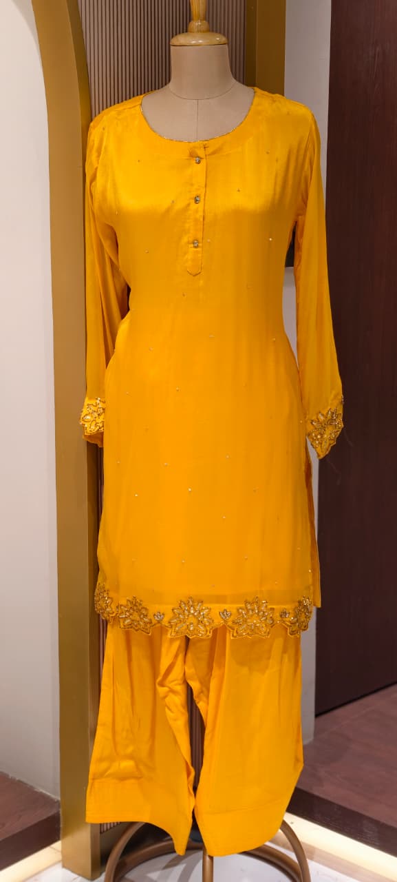 Minimal Cut Dana Side Embroidery Work Solid Chinon Co-Ord Set With Farsi Bottom- 14248 W112
