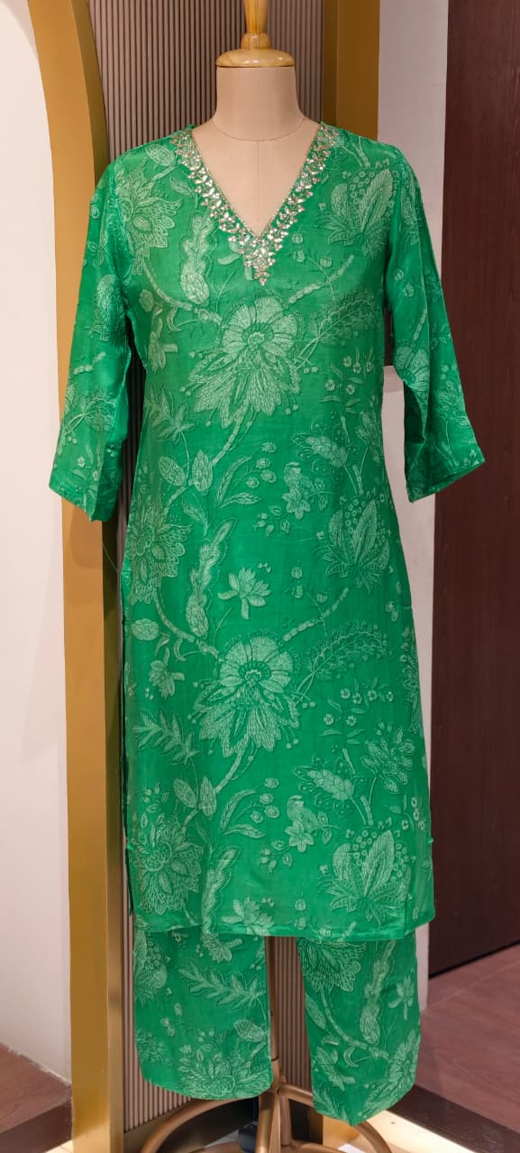 Elegant Muslin Kurta Pant Set with Subtle Self Print & Intricate Hand Embellished Neckline-14256 RB224