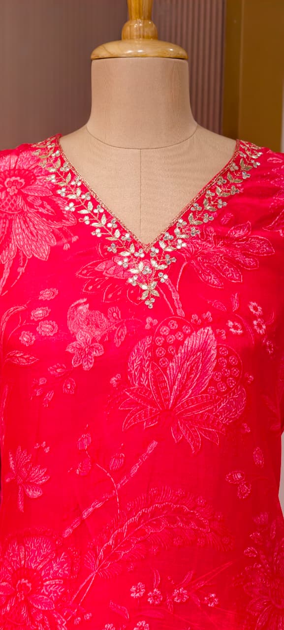Elegant Muslin Kurta Pant Set with Subtle Self Print & Intricate Hand Embellished Neckline-14256 RB224
