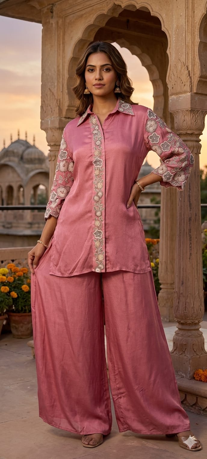 Designer Floral Cut Work Heavy Hand Embroidered Pastel Shade Chinon Co-Ord Set-14247(Loose Fit) RB277