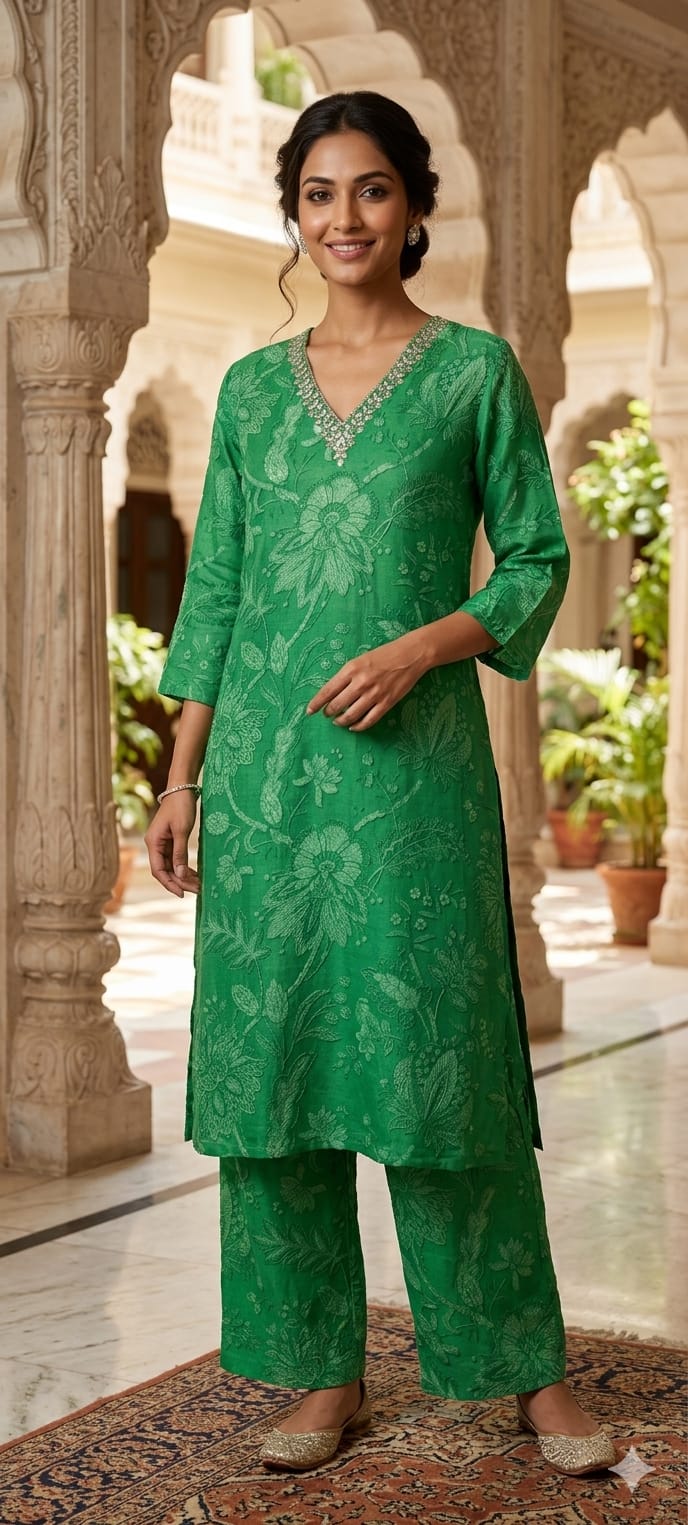 Elegant Muslin Kurta Pant Set with Subtle Self Print & Intricate Hand Embellished Neckline-14256 RB224