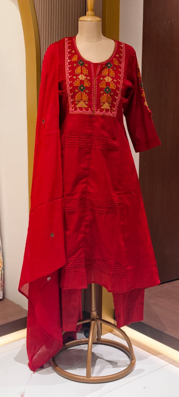 Thread Embroidered Silli Cotton A-Line Full Suit Set with Dupatta With Pintuck Detailing- 14293 RB330