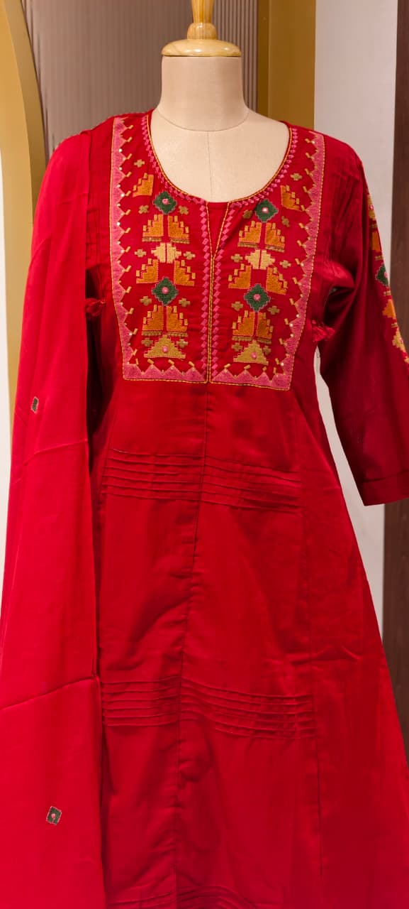 Thread Embroidered Silli Cotton A-Line Full Suit Set with Dupatta With Pintuck Detailing- 14293 RB330