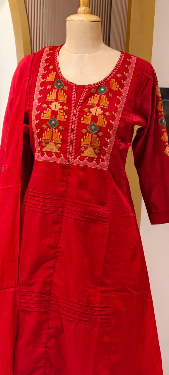 Thread Embroidered Silli Cotton A-Line Full Suit Set with Dupatta With Pintuck Detailing- 14293 RB330