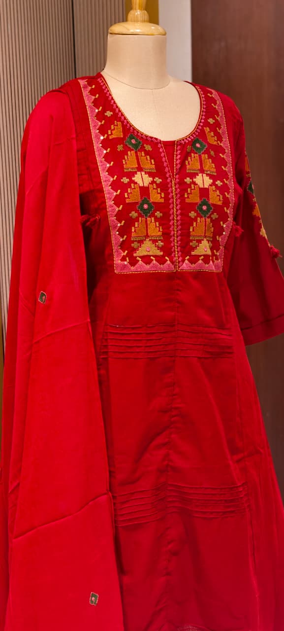 Thread Embroidered Silli Cotton A-Line Full Suit Set with Dupatta With Pintuck Detailing- 14293 RB330