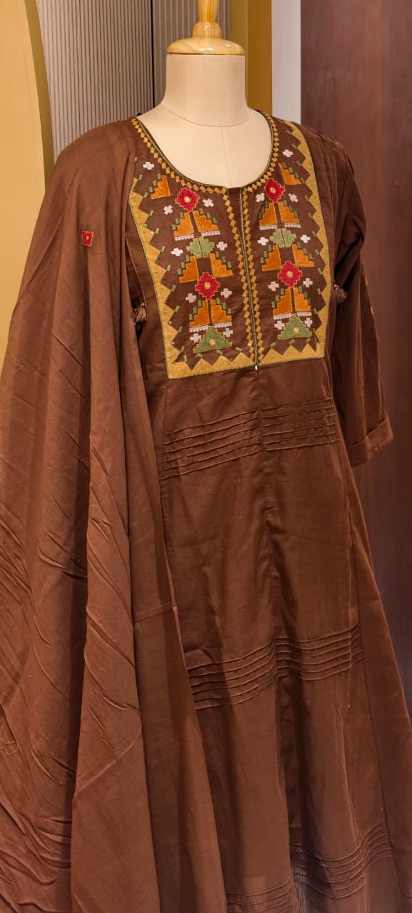 Thread Embroidered Silli Cotton A-Line Full Suit Set with Dupatta With Pintuck Detailing- 14293 RB330