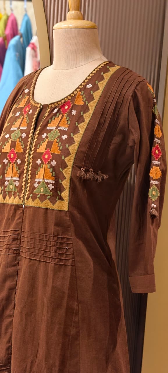 Thread Embroidered Silli Cotton A-Line Full Suit Set with Dupatta With Pintuck Detailing- 14293 RB330