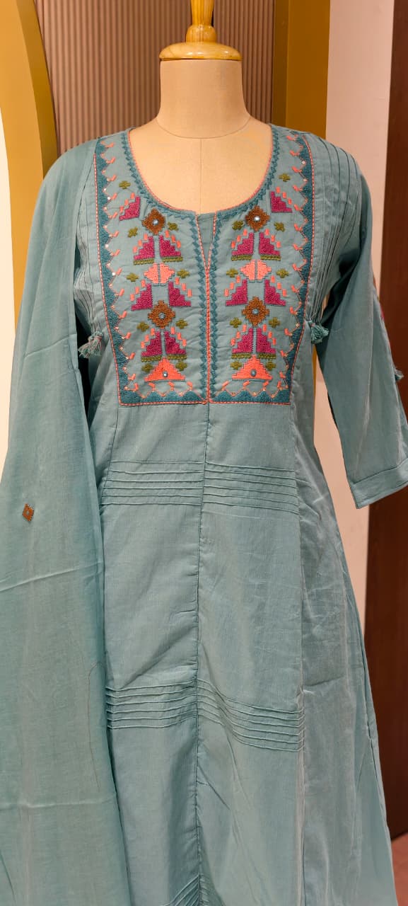 Thread Embroidered Silli Cotton A-Line Full Suit Set with Dupatta With Pintuck Detailing- 14293 RB330