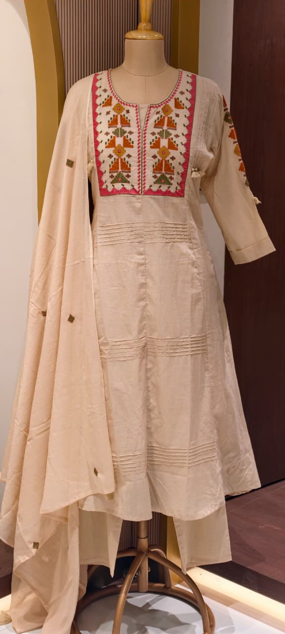 Thread Embroidered Silli Cotton A-Line Full Suit Set with Dupatta With Pintuck Detailing- 14293 RB330