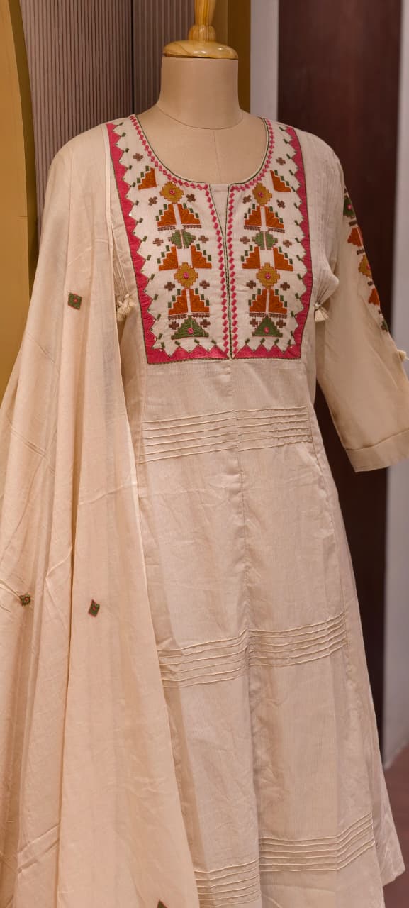 Thread Embroidered Silli Cotton A-Line Full Suit Set with Dupatta With Pintuck Detailing- 14293 RB330