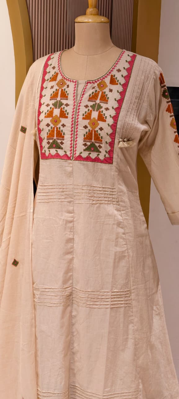 Thread Embroidered Silli Cotton A-Line Full Suit Set with Dupatta With Pintuck Detailing- 14293 RB330