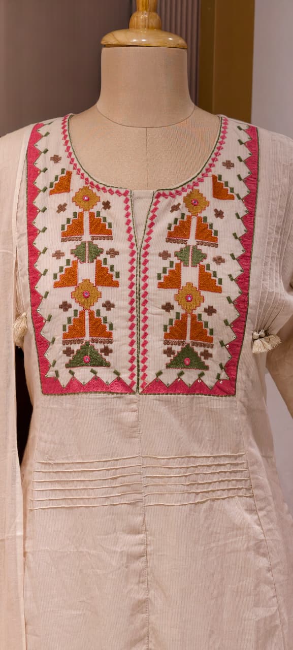 Thread Embroidered Silli Cotton A-Line Full Suit Set with Dupatta With Pintuck Detailing- 14293 RB330