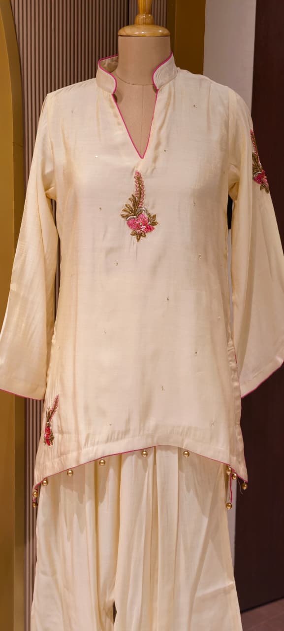 White Sheer Soft Toned Minimal Embroidery Russian Silk High Low Co-Ord Set