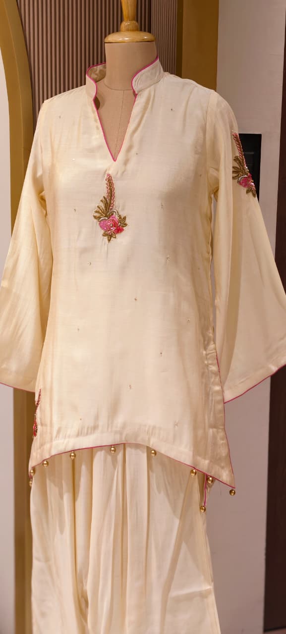 White Sheer Soft Toned Minimal Embroidery Russian Silk High Low Co-Ord Set