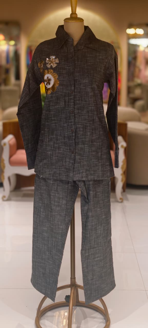 Sequin Touch Floral Broach Look Solid Ash Elegance Co-Ord In Linen Cotton Fabric- 14336 RB225