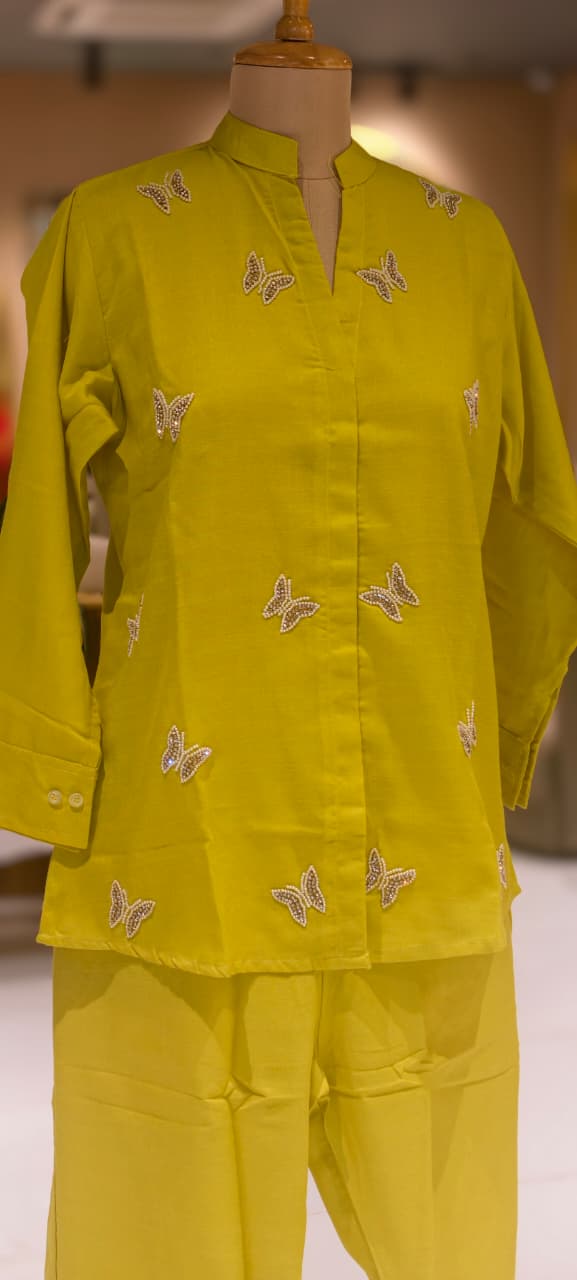 Lime Puch Elegant Cute Tiny Butterfly Placements Solid Co-Ord Set In Linen Cotton Fabric-14338 RB227