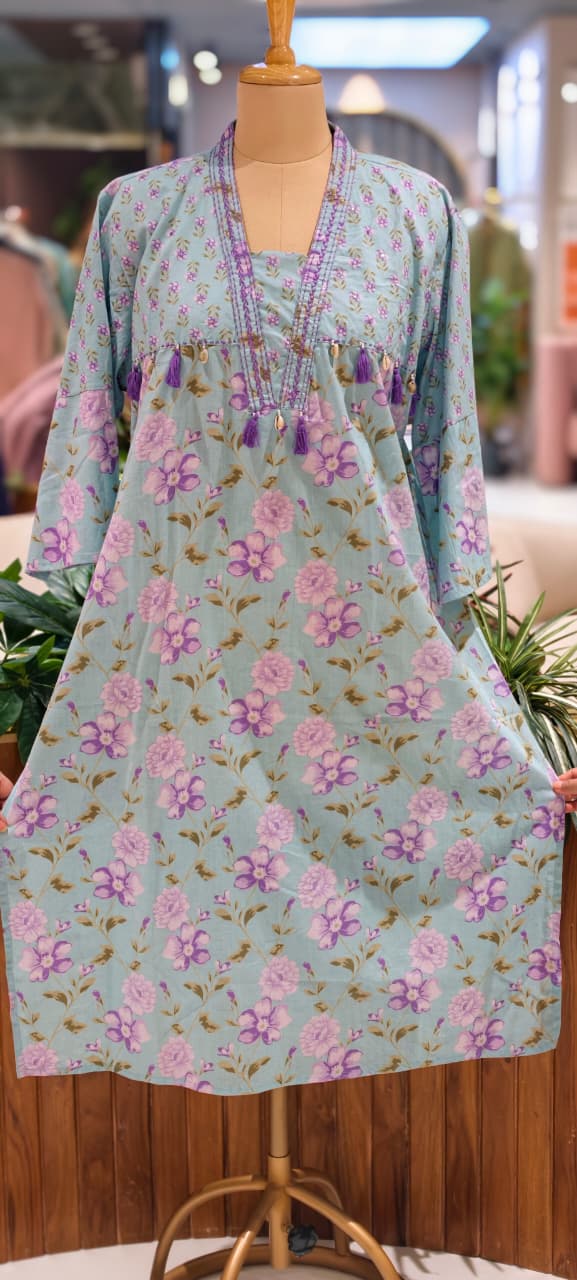 Boho Chic Refreshing Shade Printed A-Line Kurti Only In Cotton Fabric- 14277 RB238