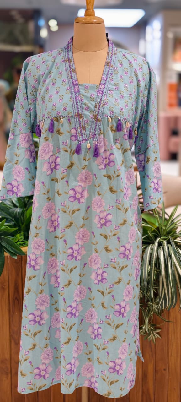 Boho Chic Refreshing Shade Printed A-Line Kurti Only In Cotton Fabric- 14277 RB238