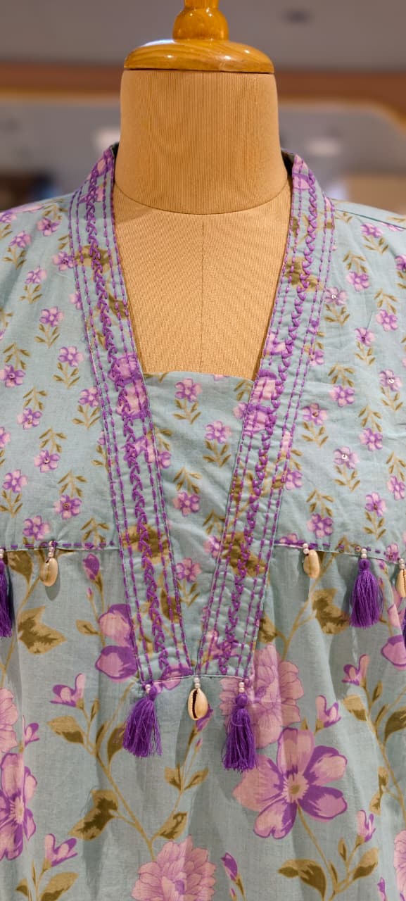 Boho Chic Refreshing Shade Printed A-Line Kurti Only In Cotton Fabric- 14277 RB238