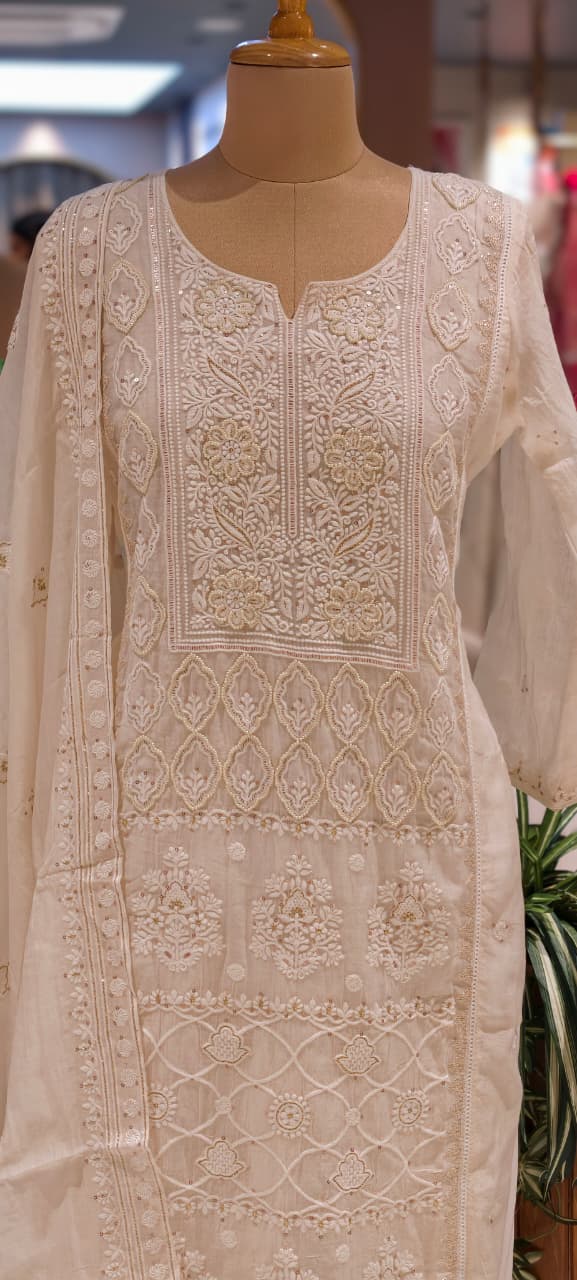 Chikankari Pure Thread Embroidered Decent Tone Full Suit Set With Dupatta In Mul Chanderi Fabric-14250 RB236