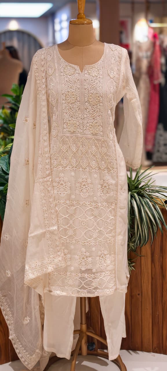 Chikankari Pure Thread Embroidered Decent Tone Full Suit Set With Dupatta In Mul Chanderi Fabric-14250 RB236
