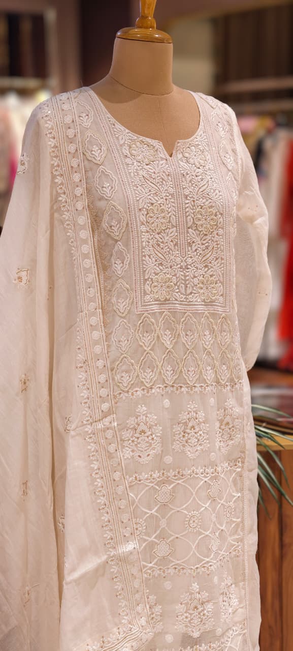 Chikankari Pure Thread Embroidered Decent Tone Full Suit Set With Dupatta In Mul Chanderi Fabric-14250 RB236