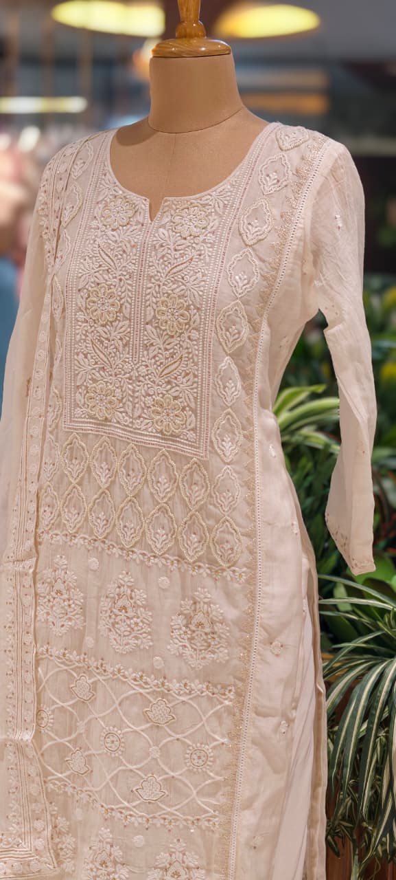 Chikankari Pure Thread Embroidered Decent Tone Full Suit Set With Dupatta In Mul Chanderi Fabric-14250 RB236