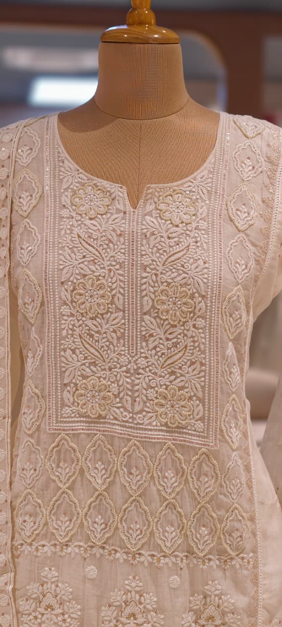 Chikankari Pure Thread Embroidered Decent Tone Full Suit Set With Dupatta In Mul Chanderi Fabric-14250 RB236