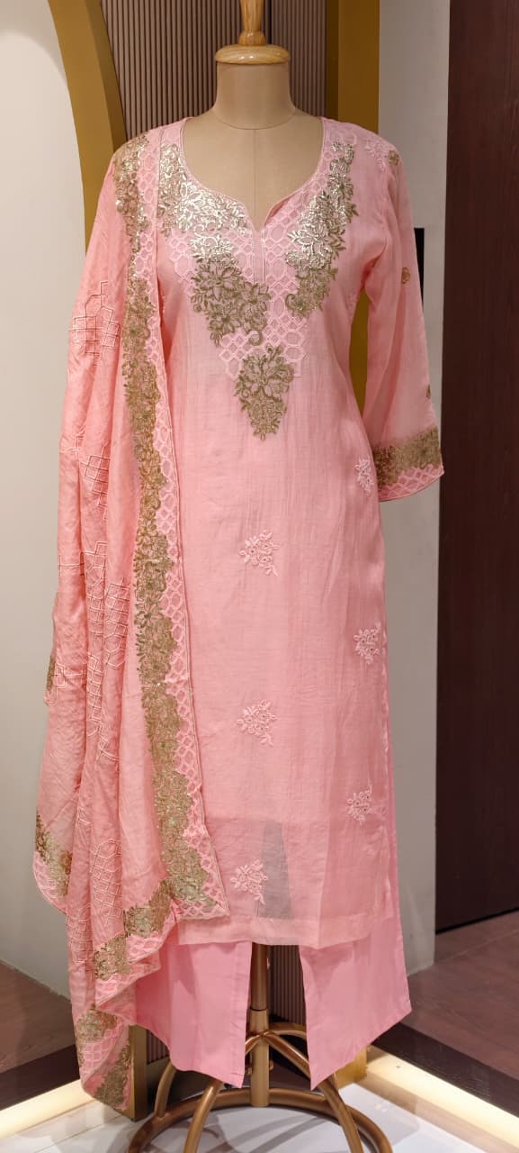Blush Gold Scallop-Neck Powder Pink Full Suit Set With Dupatta In Mul Chanderi Fabric- 14251  RB235