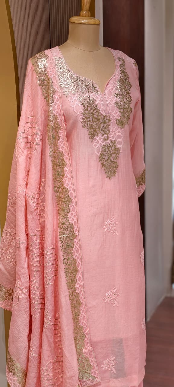 Blush Gold Scallop-Neck Powder Pink Full Suit Set With Dupatta In Mul Chanderi Fabric- 14251  RB235