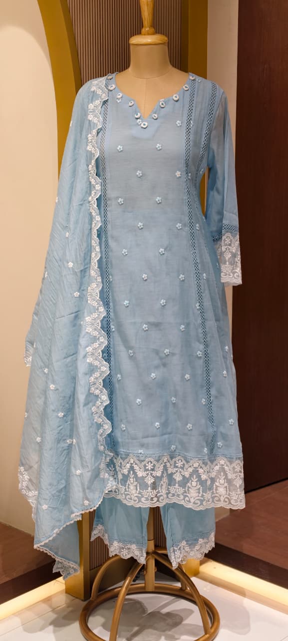 Mul Cotton Suttle Embroidery Soft Elegance A-Line Full Suit Set With Dupatta- 14308 RB234