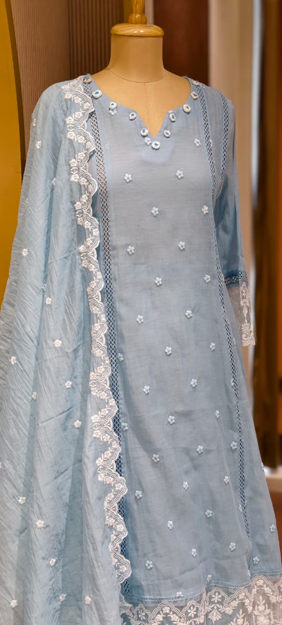 Mul Cotton Suttle Embroidery Soft Elegance A-Line Full Suit Set With Dupatta- 14308 RB234