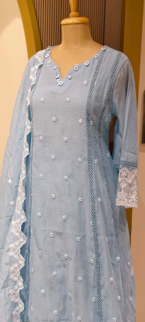 Mul Cotton Suttle Embroidery Soft Elegance A-Line Full Suit Set With Dupatta- 14308 RB234